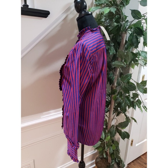J. Crew Red & Blue Striped Long Sleeve Ruffle Trim Tuxedo Top Blouse XS - Picture 4 of 16